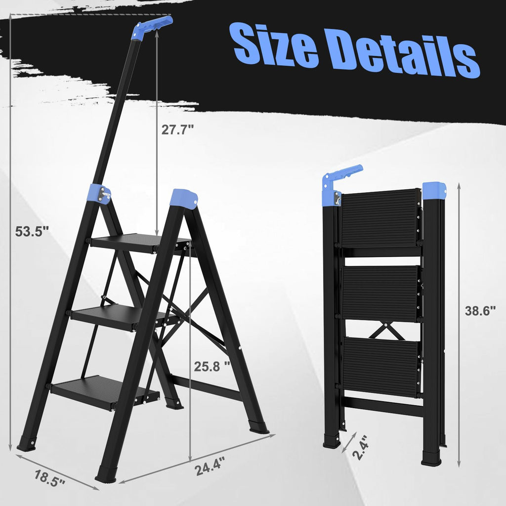 3 Step Foldable Stool with Single-Handrail Blue J479
