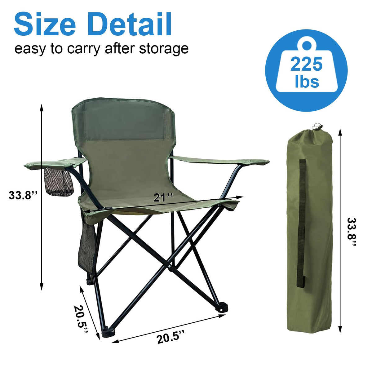 2 Pack Folding Camping Chairs with High Back, 300lbs Capacity, Green D324