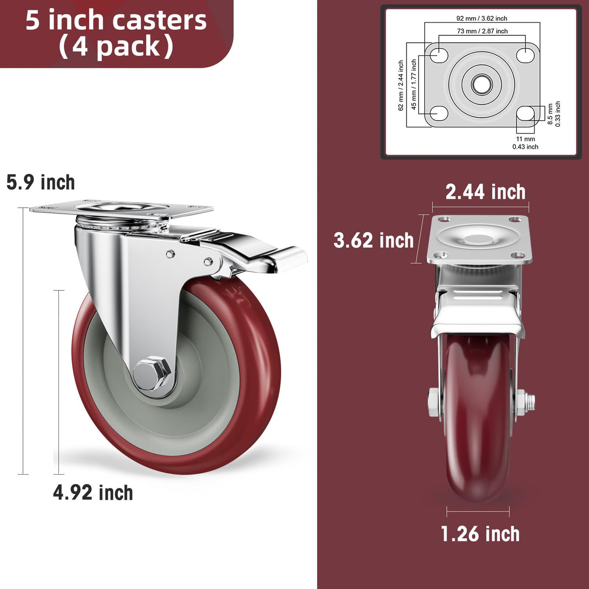 5" Heavy Duty Plate Casters with Brake, Set of 4 L242176