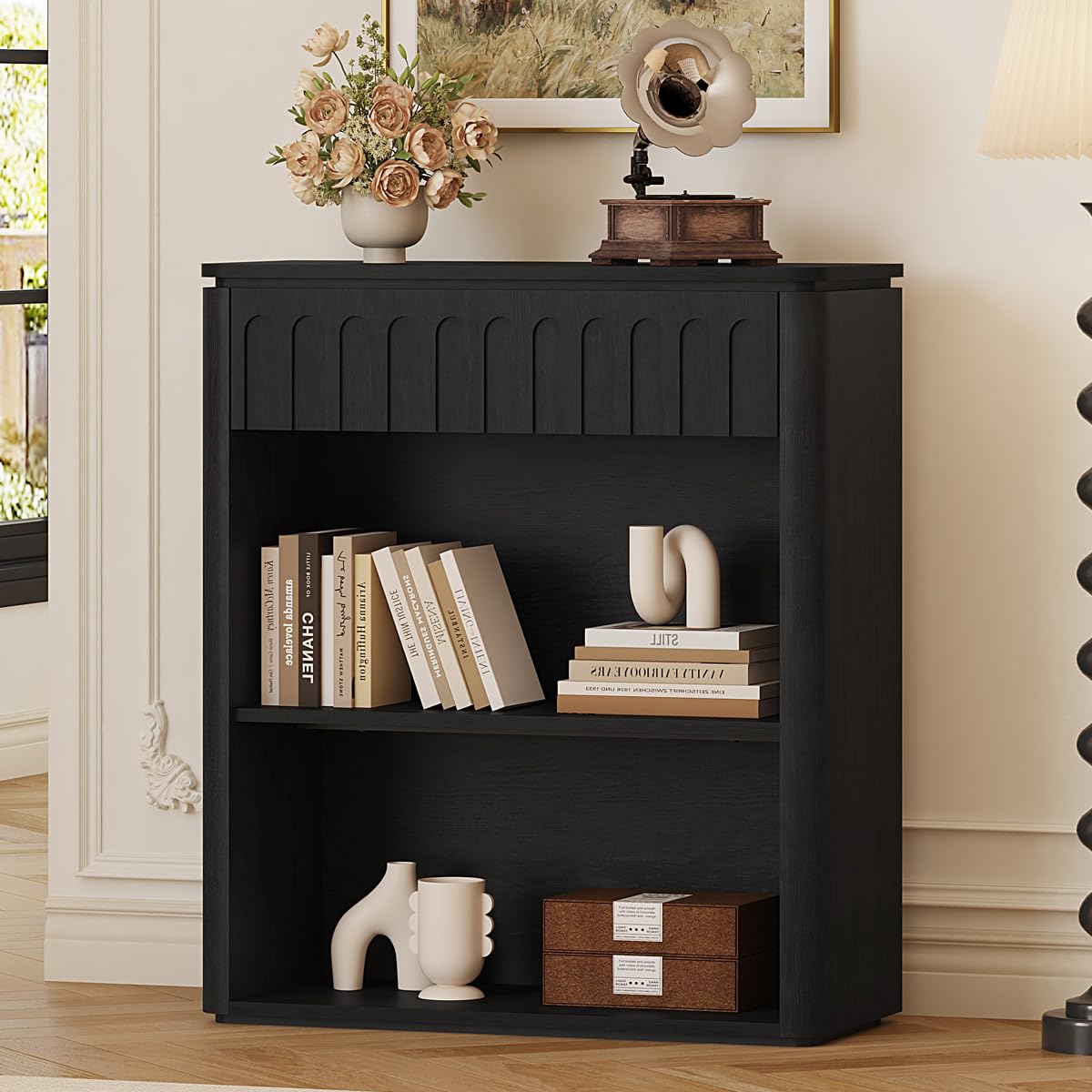 Black Wood Grain Console Table and 3 Tier Bookshelf Set H2692