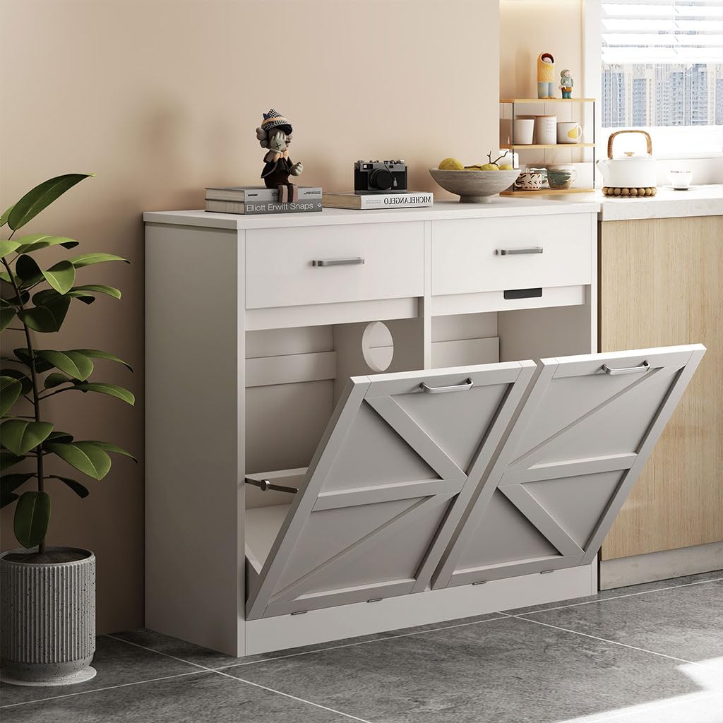 White Wooden Tilt Out Trash Cabinet C8049