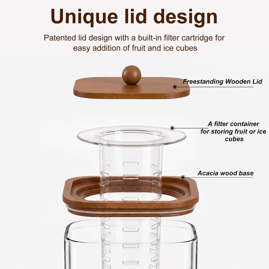 2 Pcs 1.5 Gallon Square Glass Drink Dispenser with Wooden Stand and Stainless Steel Spigot M383