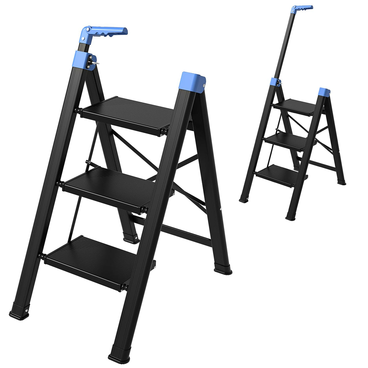 3 Step Foldable Stool with Single-Handrail Blue J479
