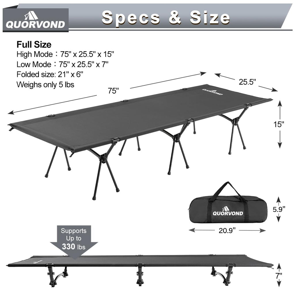 Adjustable Ultralight Folding Camping Cot 330lbs Black A766