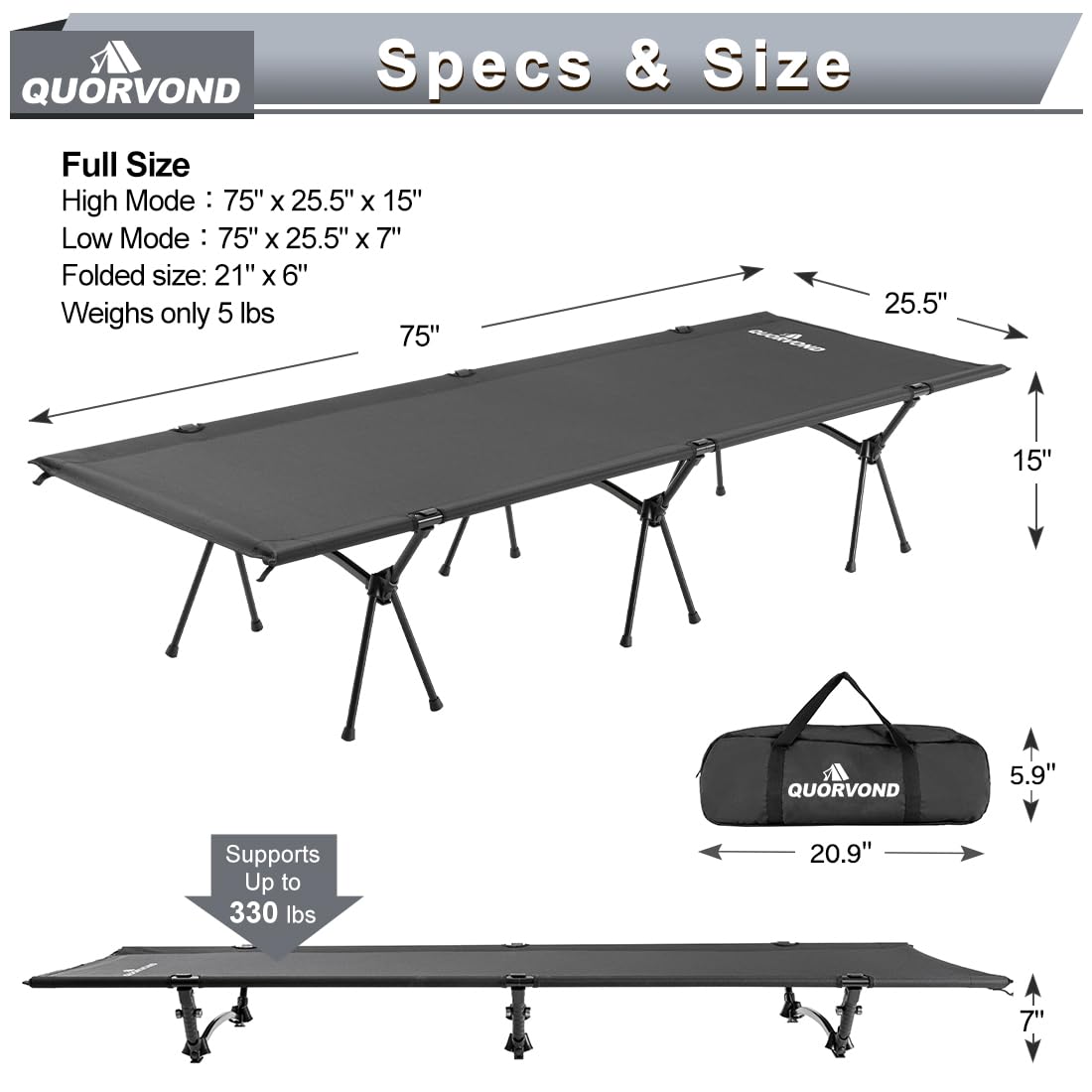 Adjustable Ultralight Folding Camping Cot 330lbs Black A766