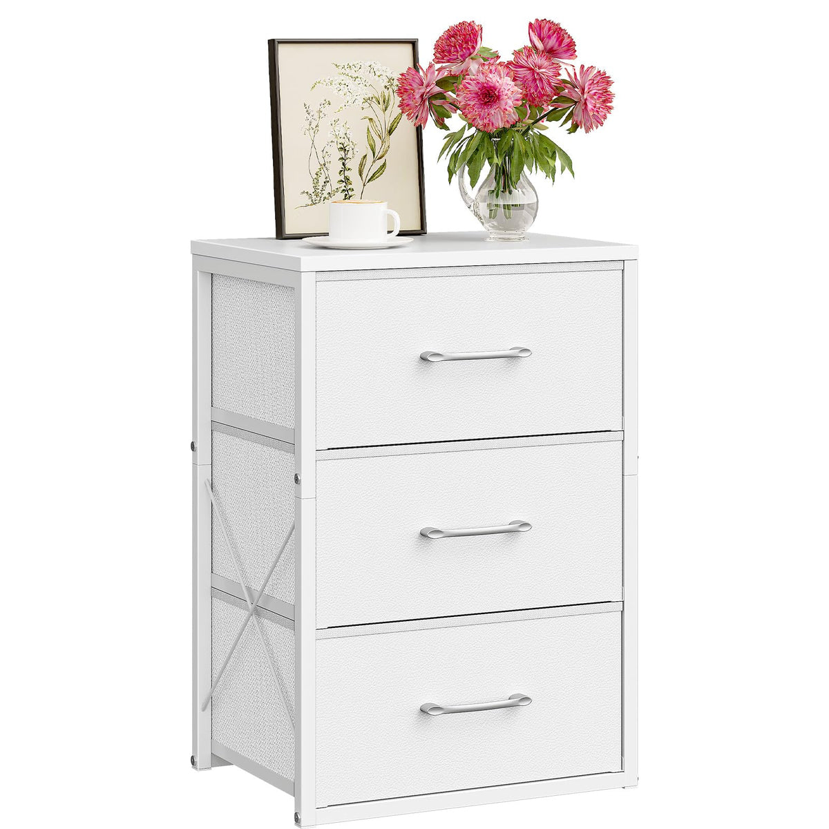 White 3 Drawer Fabric Storage Dresser with Wooden Top P5317