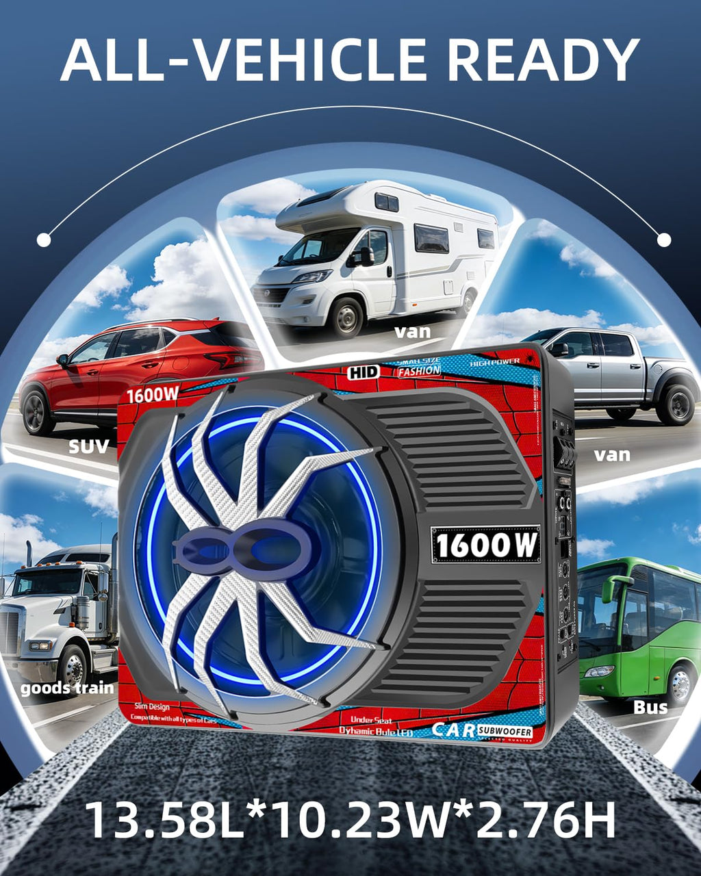 1600W Slim Underseat Car Subwoofer and Amp with RGB Light V15611
