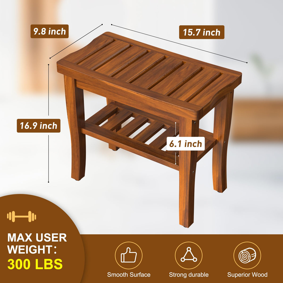 Teak Wood Shower Bench Stool with Storage Shelf O366666