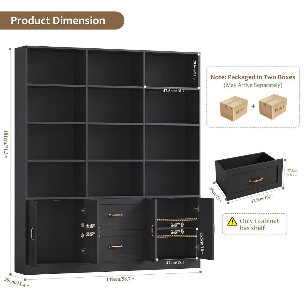 Black Tall Bookshelf with Storage Drawers & Doors U4794