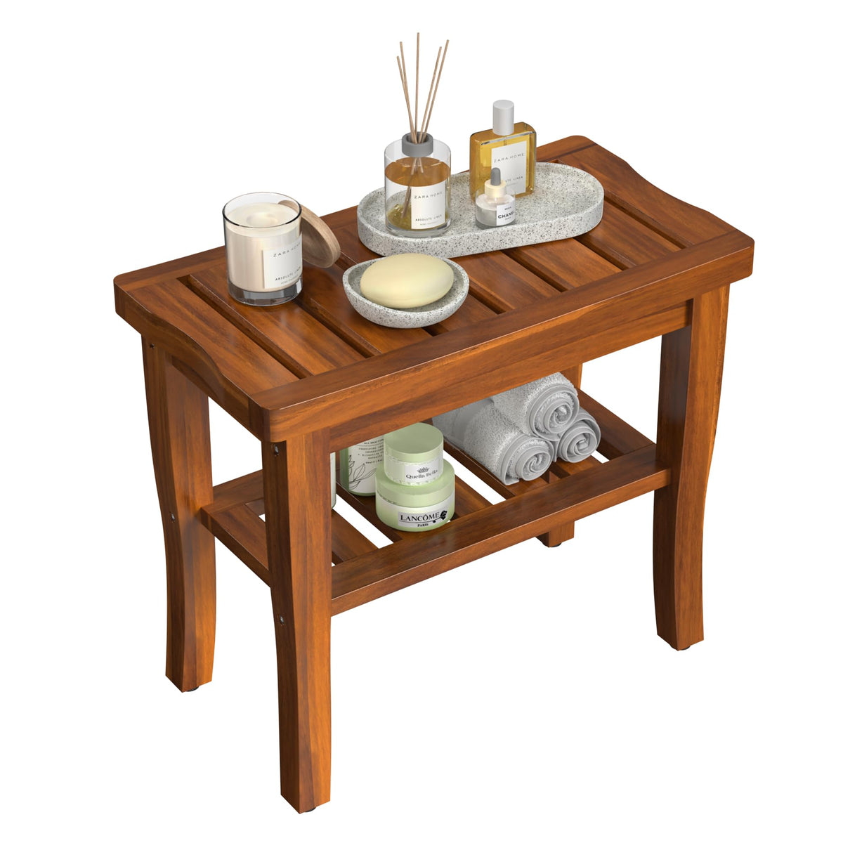 Teak Wood Shower Bench Stool with Storage Shelf O366666