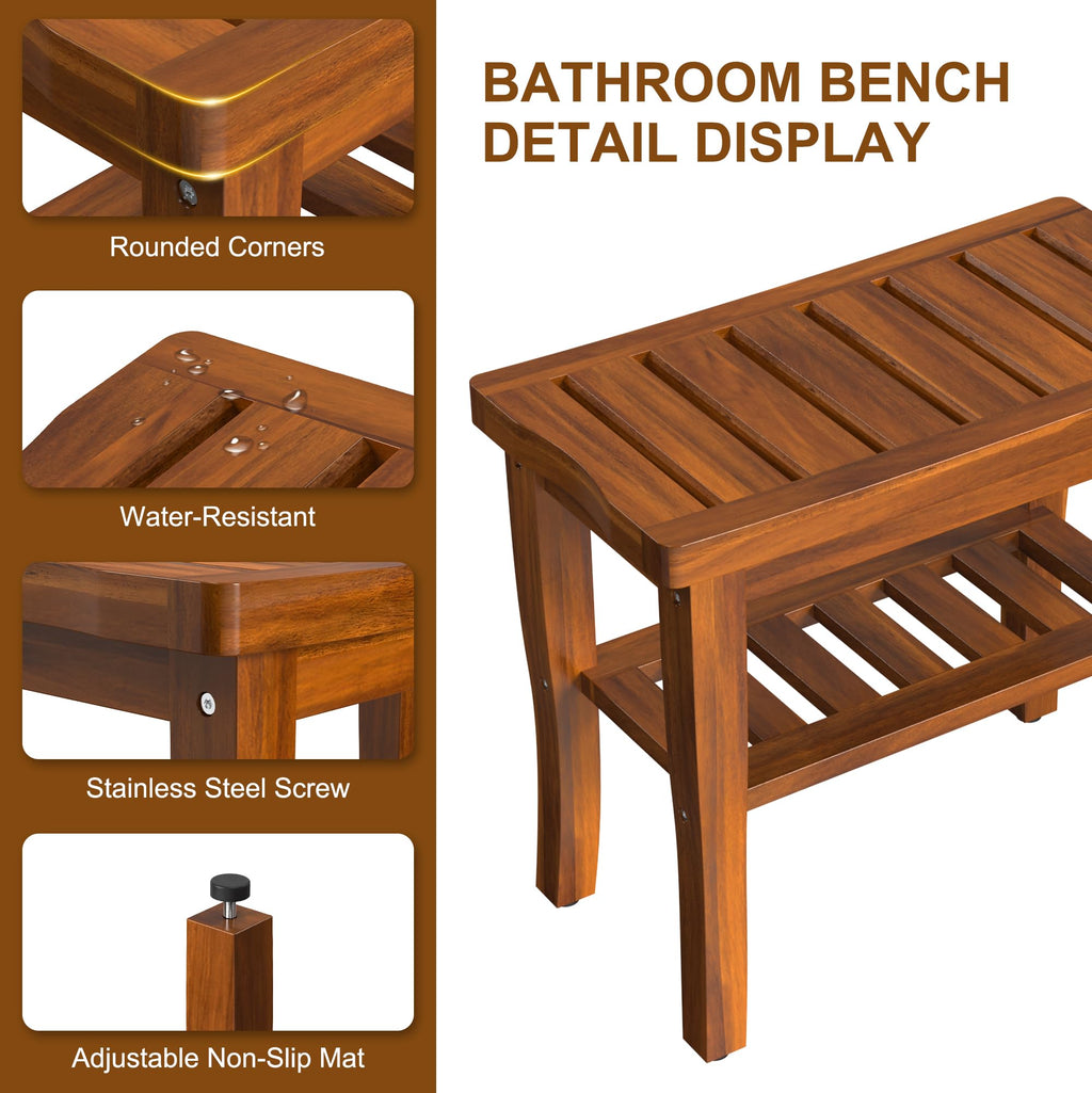 Teak Wood Shower Bench Stool with Storage Shelf O366666