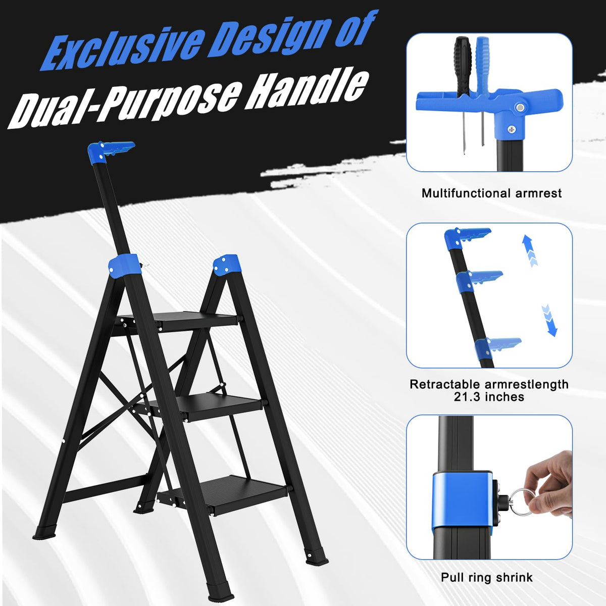 3 Step Foldable Stool with Single-Handrail Blue J479