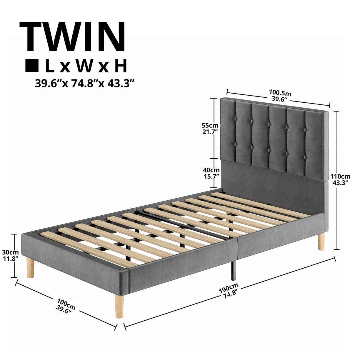 Grey Velvet Upholstered Twin Platform Bed Frame with Headboard R2296