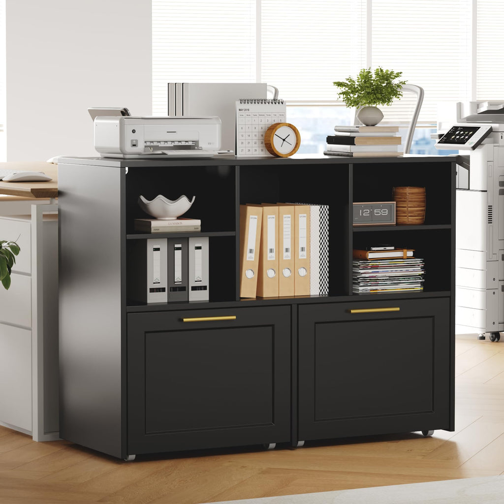 Black 2 Drawer Lateral File Cabinet with Open Storage Cubes S41310