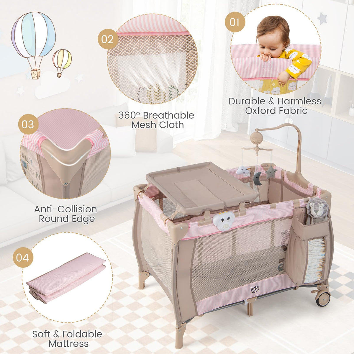 3 in 1 Pink Pack and Play with Bassinet N719