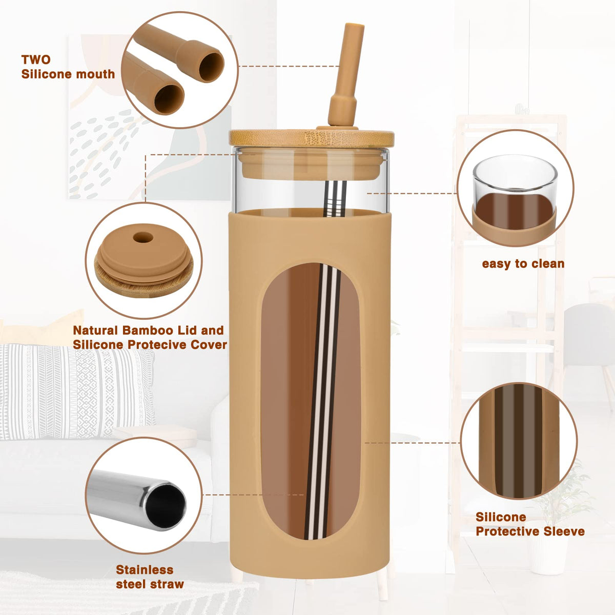 22 oz Glass Tumbler with Lid & Straw N1378