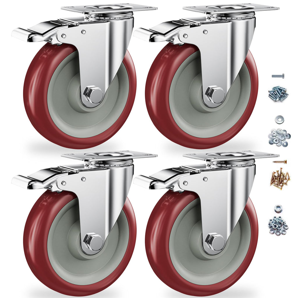 5" Heavy Duty Plate Casters with Brake, Set of 4 L242176