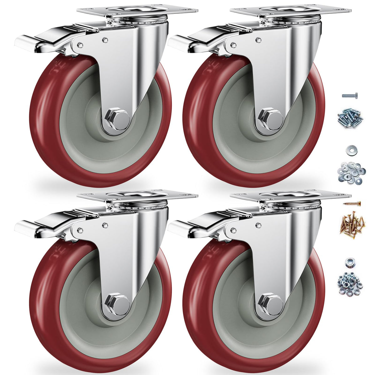 5" Heavy Duty Plate Casters with Brake, Set of 4 L242176