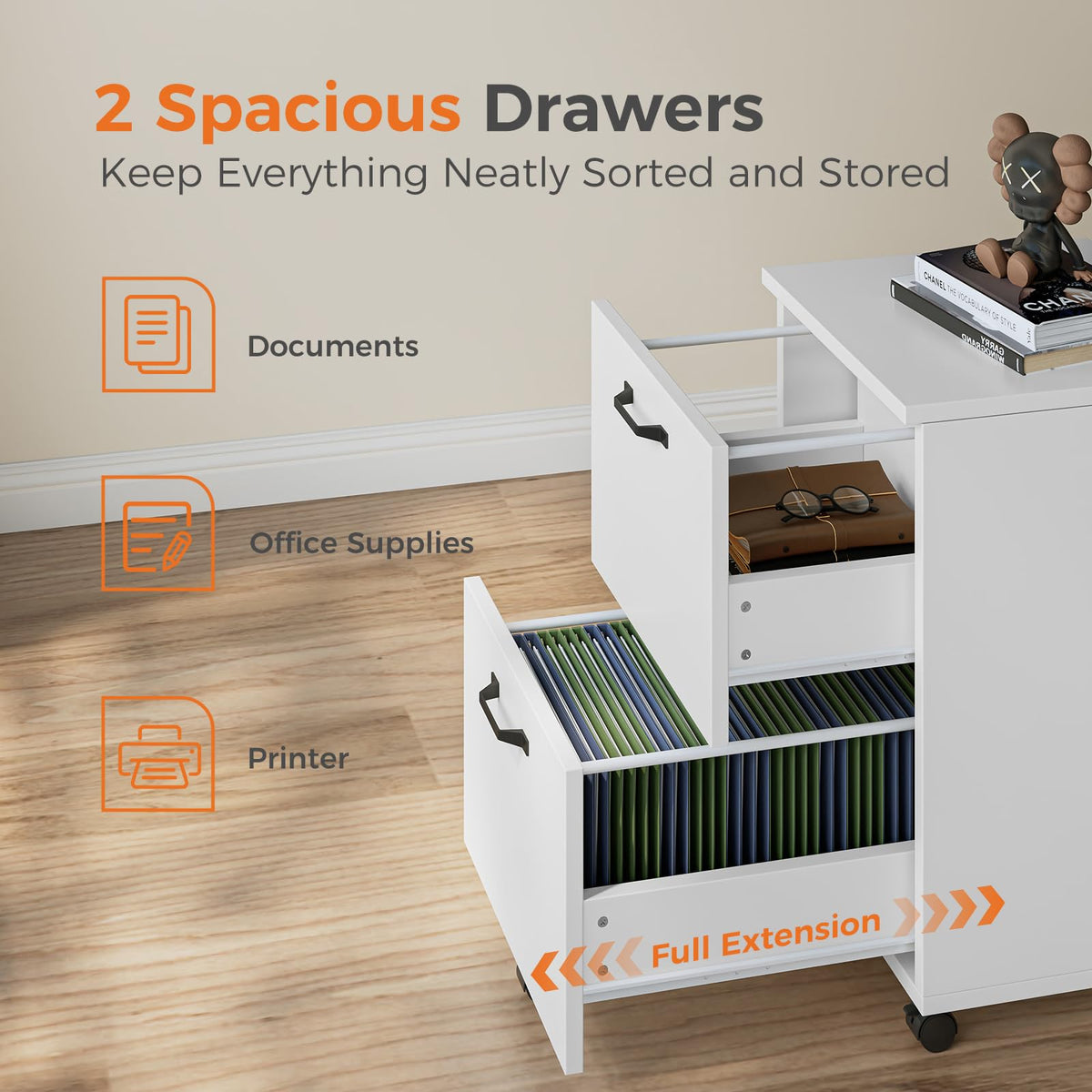 White 2 Drawer Rolling Wood File Cabinet N75530