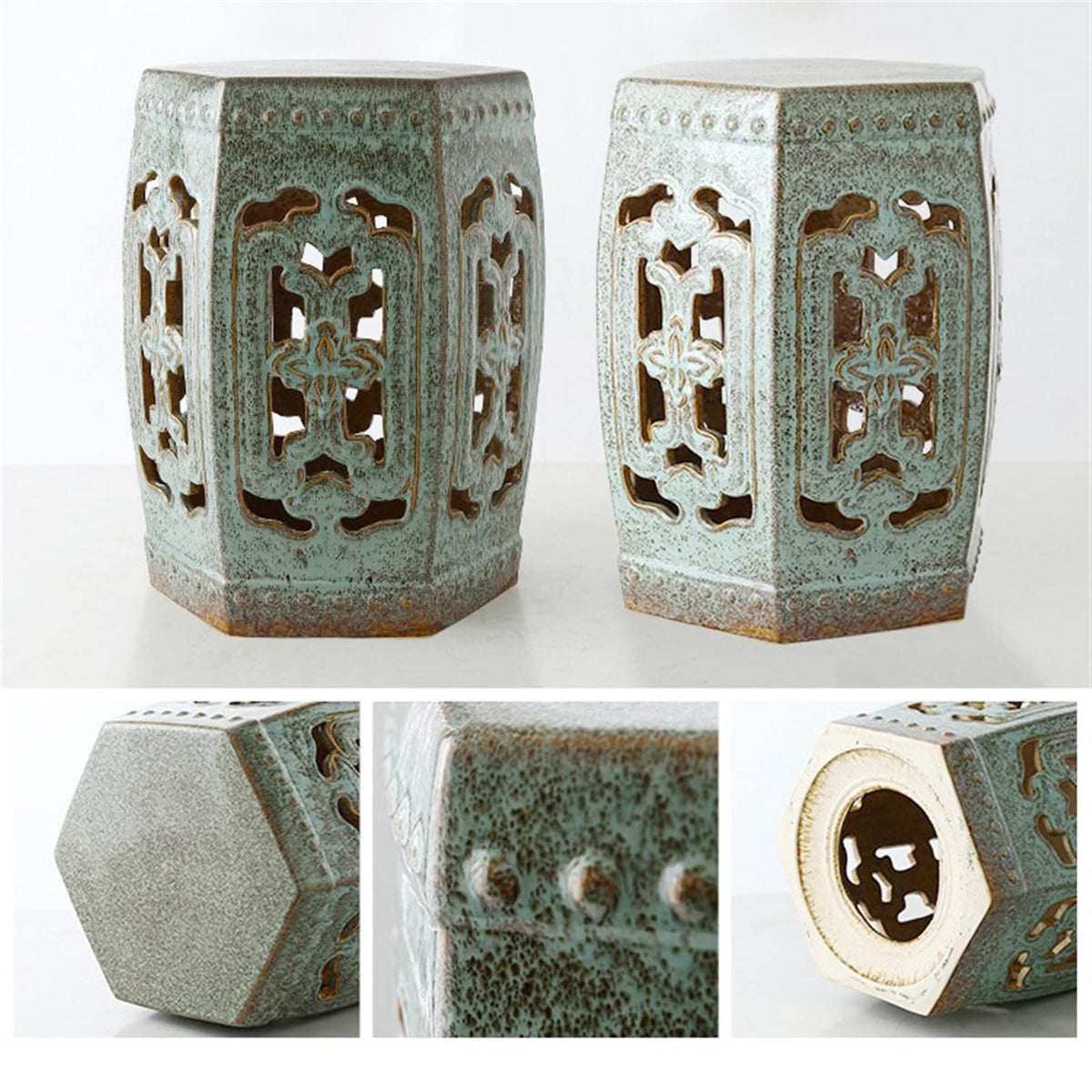 Ceramic Garden Stool Hexagonal Hollow Porcelain Drum Stool X98132