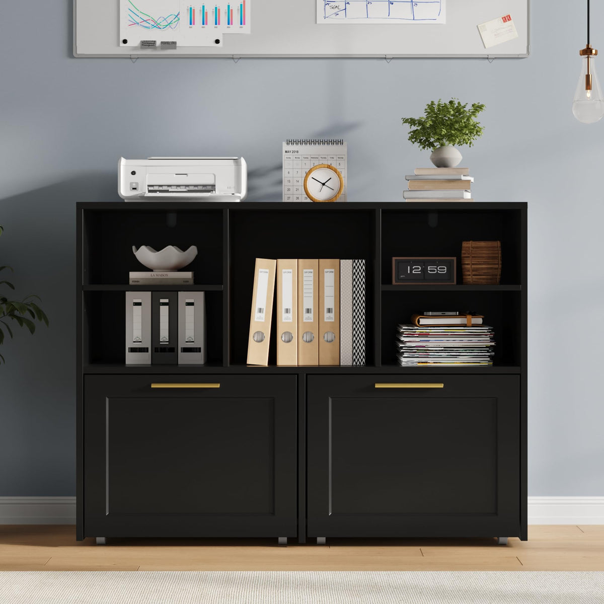Black 2 Drawer Lateral File Cabinet with Open Storage Cubes S41310