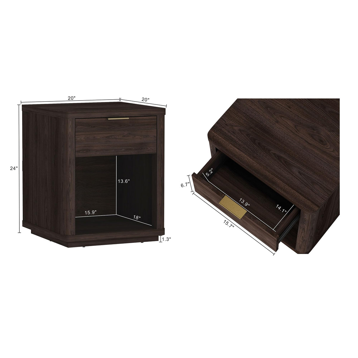 Brown Set of 2 Nightstands with Drawer and Open Shelf T282