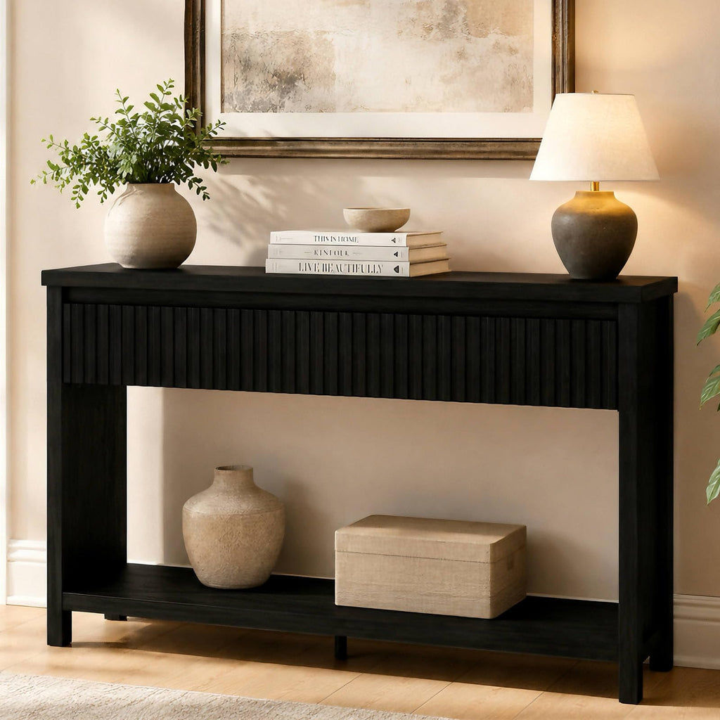 Black Wood Grain Console Table and 3 Tier Bookshelf Set H2692