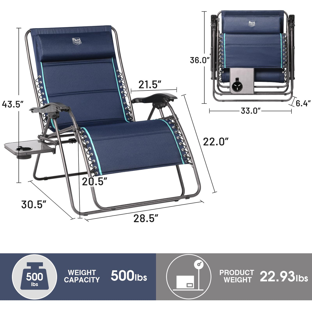 Oversized Zero Gravity Reclining Chair with Side Table, Blue 2 Pack E939