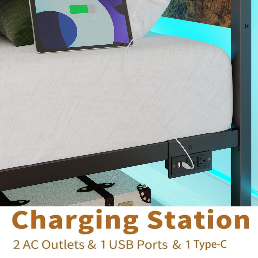 Twin Size Bed Frame with LED Light & Charging Station H213