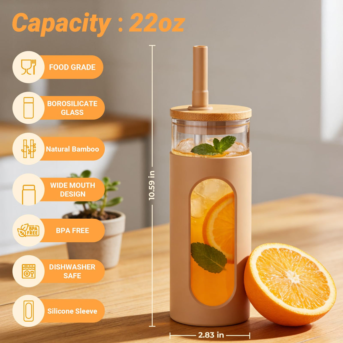 22 oz Glass Tumbler with Lid & Straw N1378