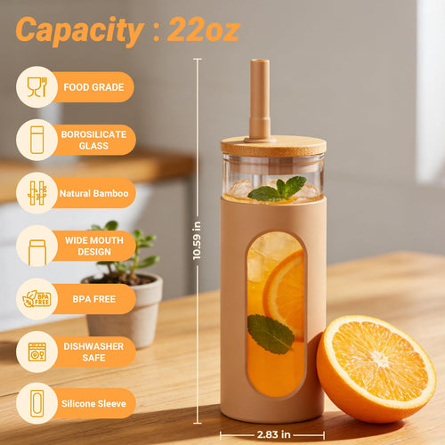 22 oz Glass Tumbler with Lid & Straw N1378