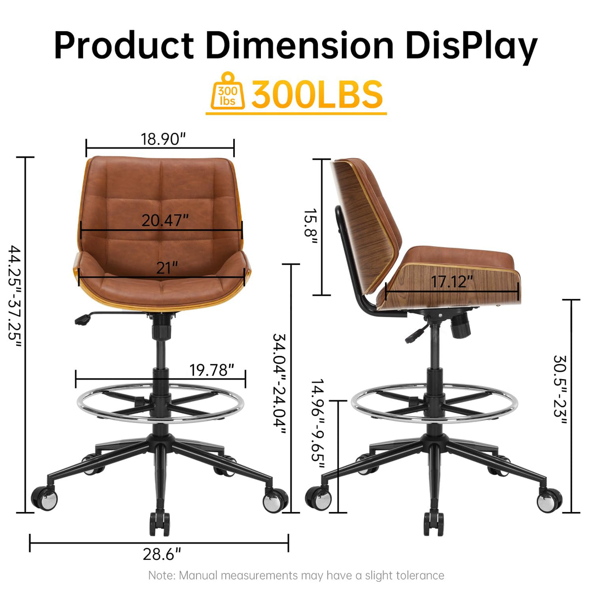 Brown Ergonomic Drafting Office Chair with Adjustable Height and Footrest Ring C4291