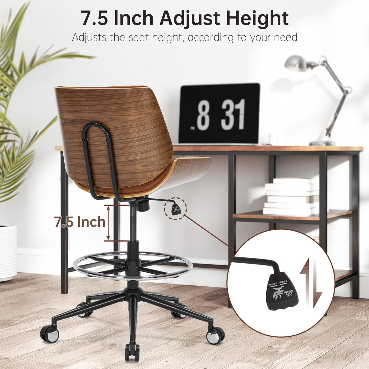 Brown Ergonomic Drafting Office Chair with Adjustable Height and Footrest Ring C4291