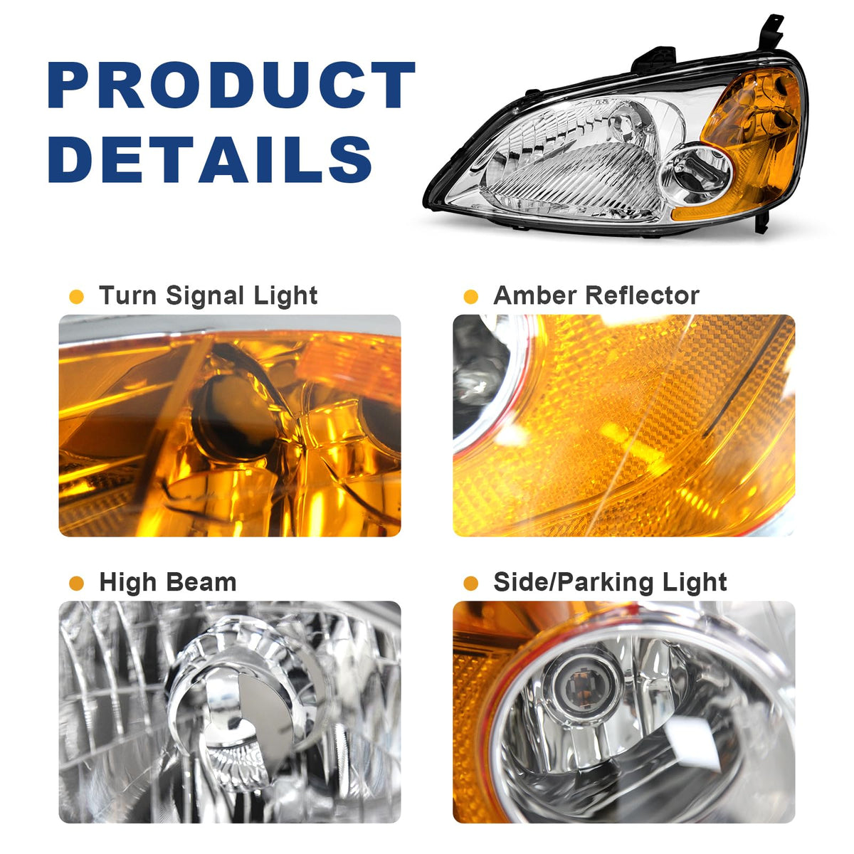 Headlight Assembly with Chrome Housing Amber Reflector Driver and Passenger Side F82462