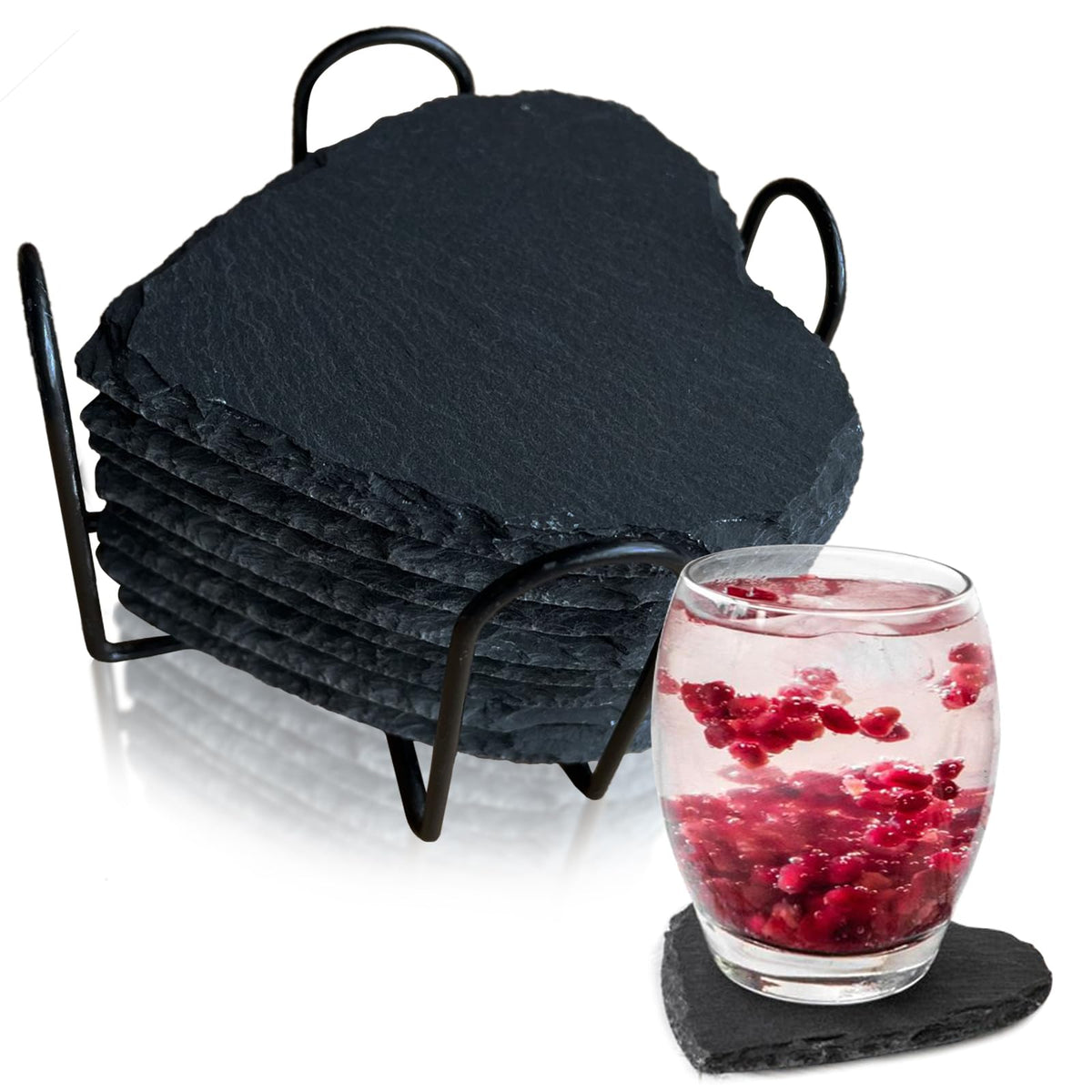 8 Pack Black Slate Coasters with Metal Holder J63255