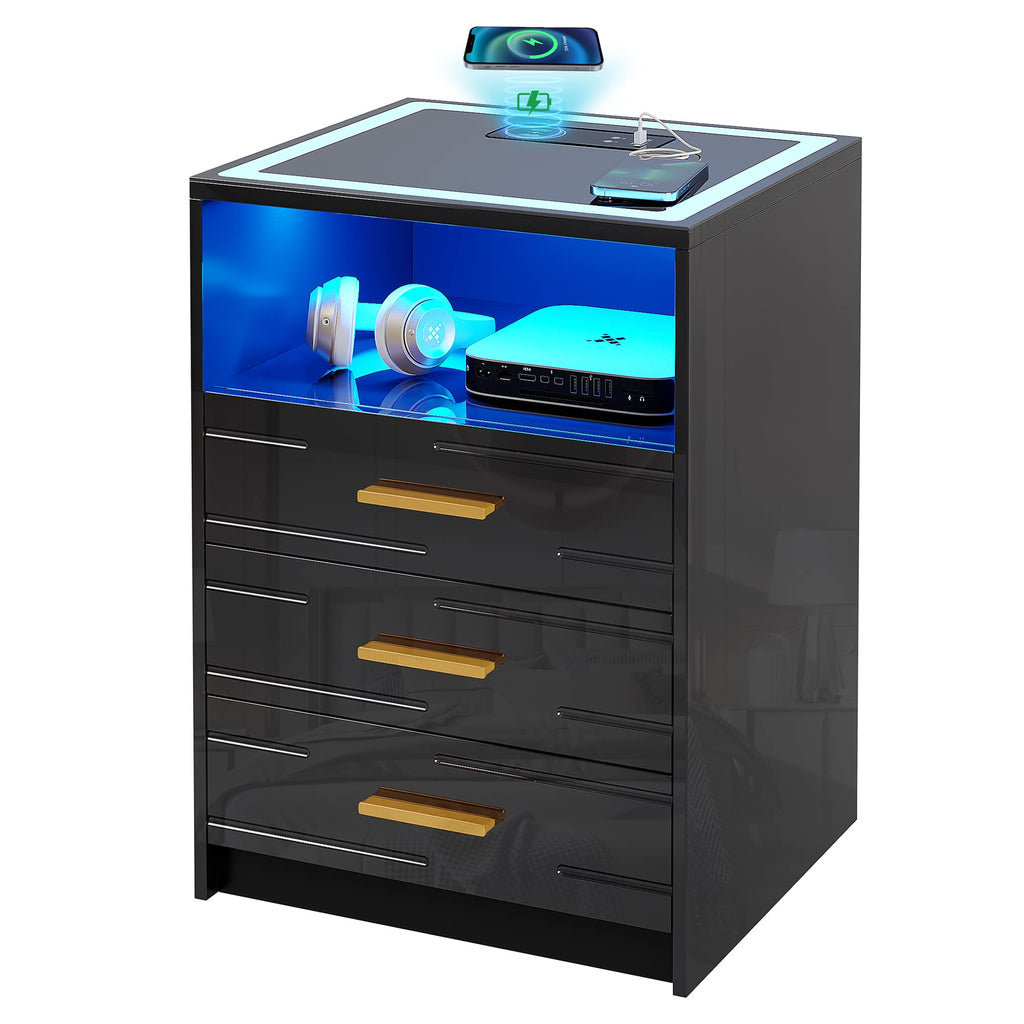 LED Nightstand with Wireless Charging Station, 3 Drawer Bedside Table M81673