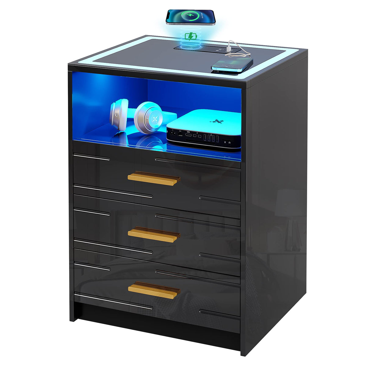 LED Nightstand with Wireless Charging Station, 3 Drawer Bedside Table M81673