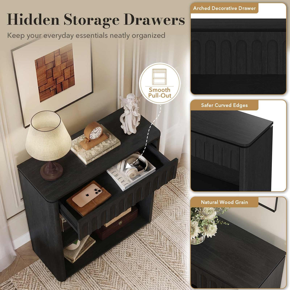 Black Wood Grain Console Table and 3 Tier Bookshelf Set H2692