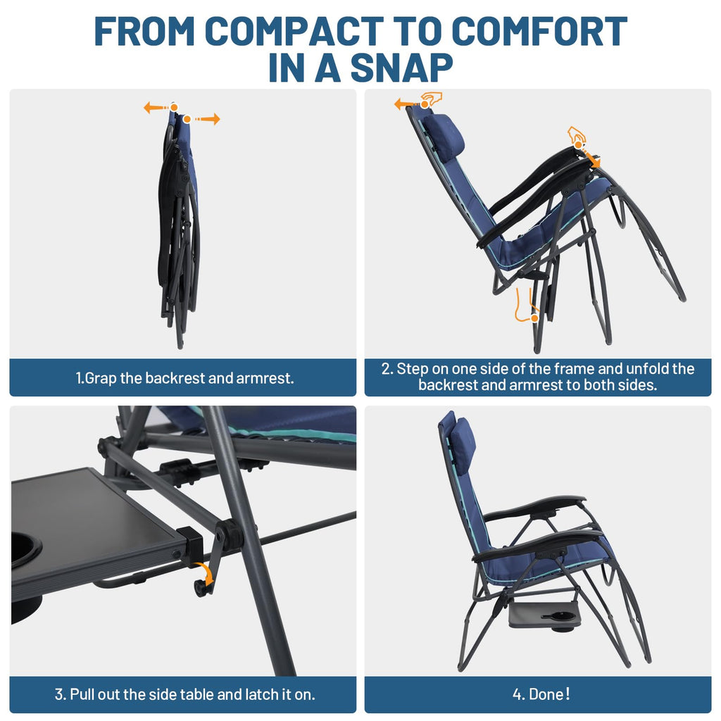 Oversized Zero Gravity Reclining Chair with Side Table, Blue 2 Pack E939