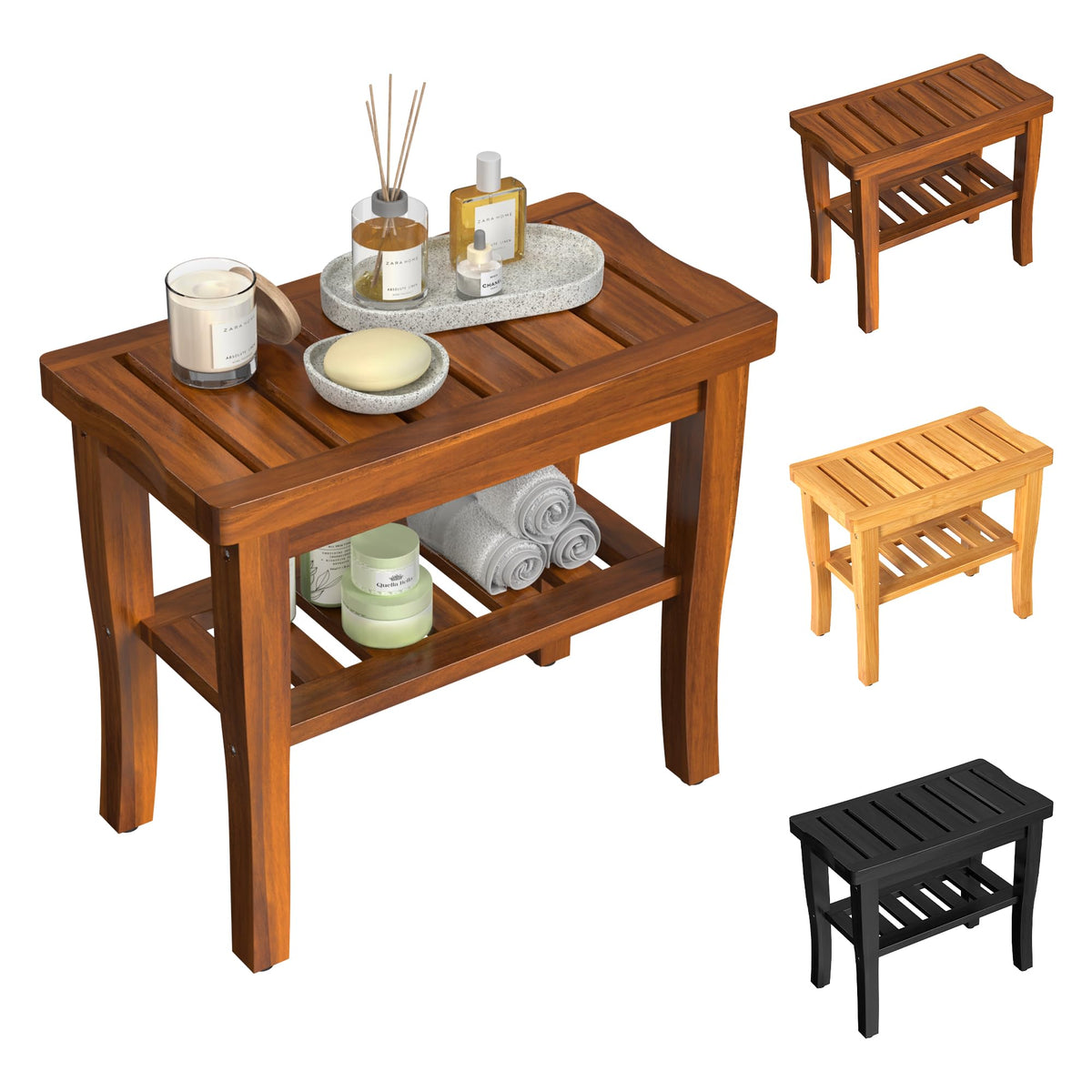 Teak Wood Shower Bench Stool with Storage Shelf O366666