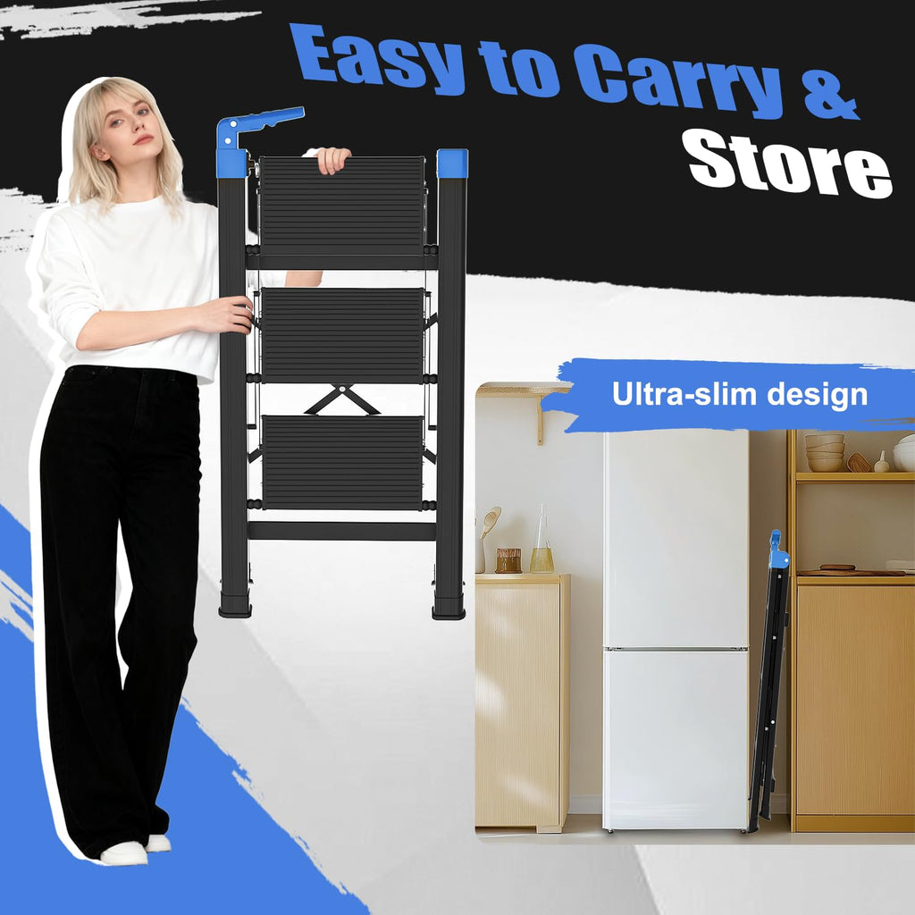 3 Step Foldable Stool with Single-Handrail Blue J479