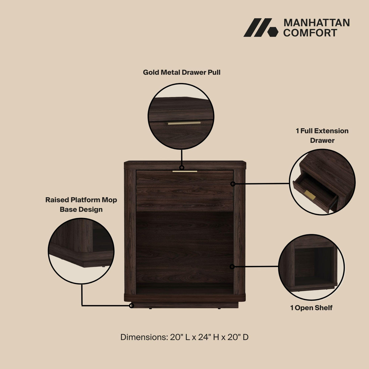 Brown Set of 2 Nightstands with Drawer and Open Shelf T282