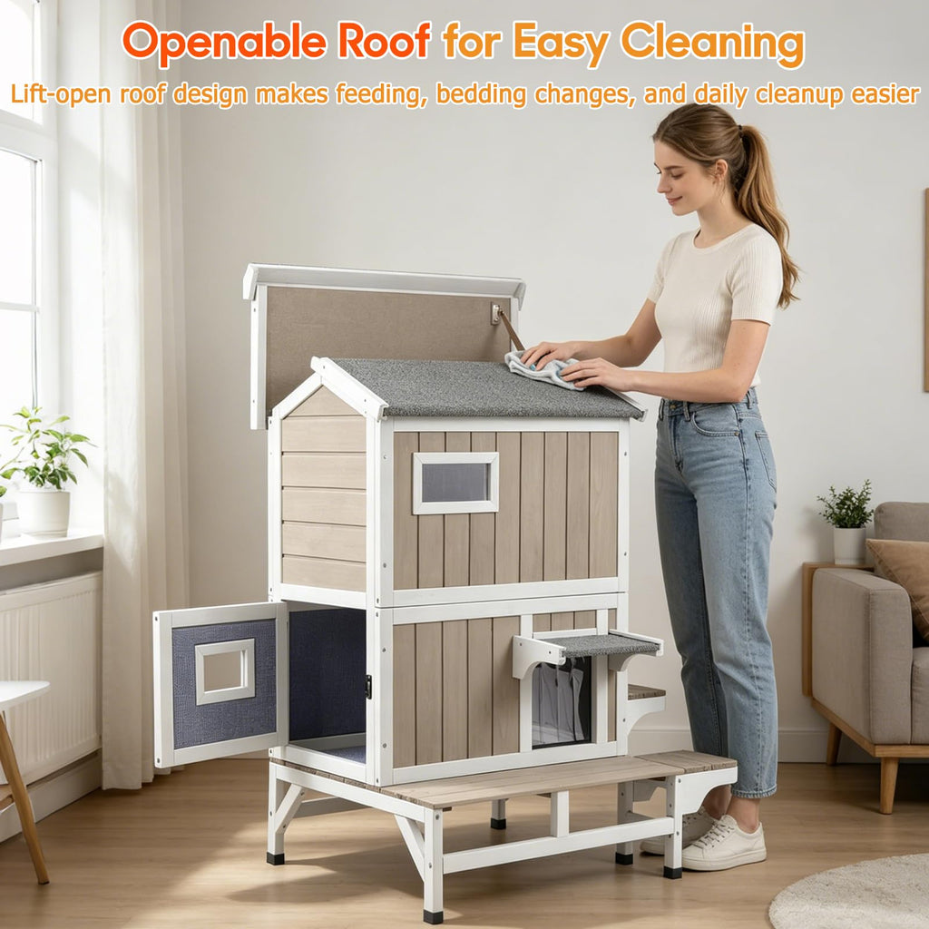 Insulated Outdoor Cat House 2-Story Wooden Shelter L410455