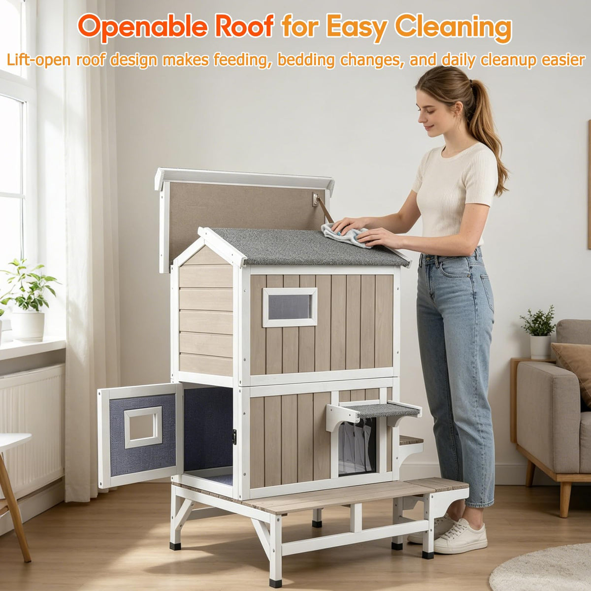 Insulated Outdoor Cat House 2-Story Wooden Shelter L410455