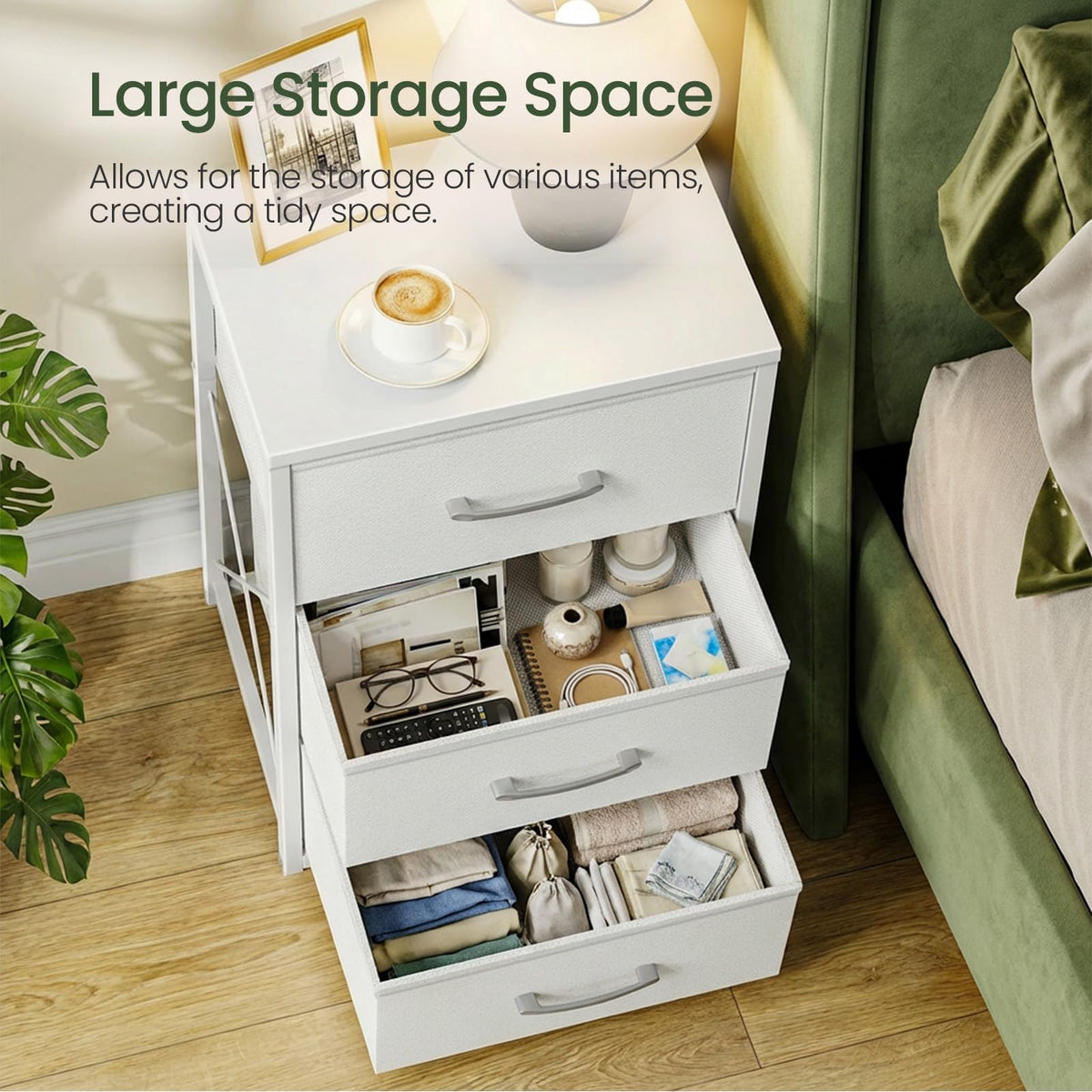 White 3 Drawer Fabric Storage Dresser with Wooden Top P5317