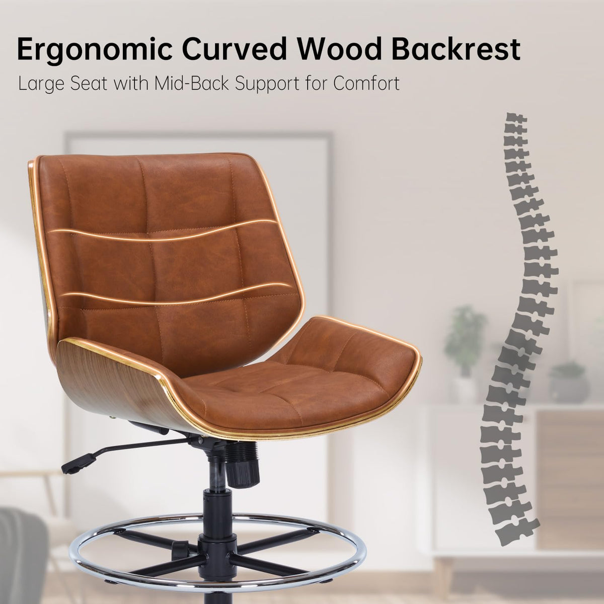 Brown Ergonomic Drafting Office Chair with Adjustable Height and Footrest Ring C4291