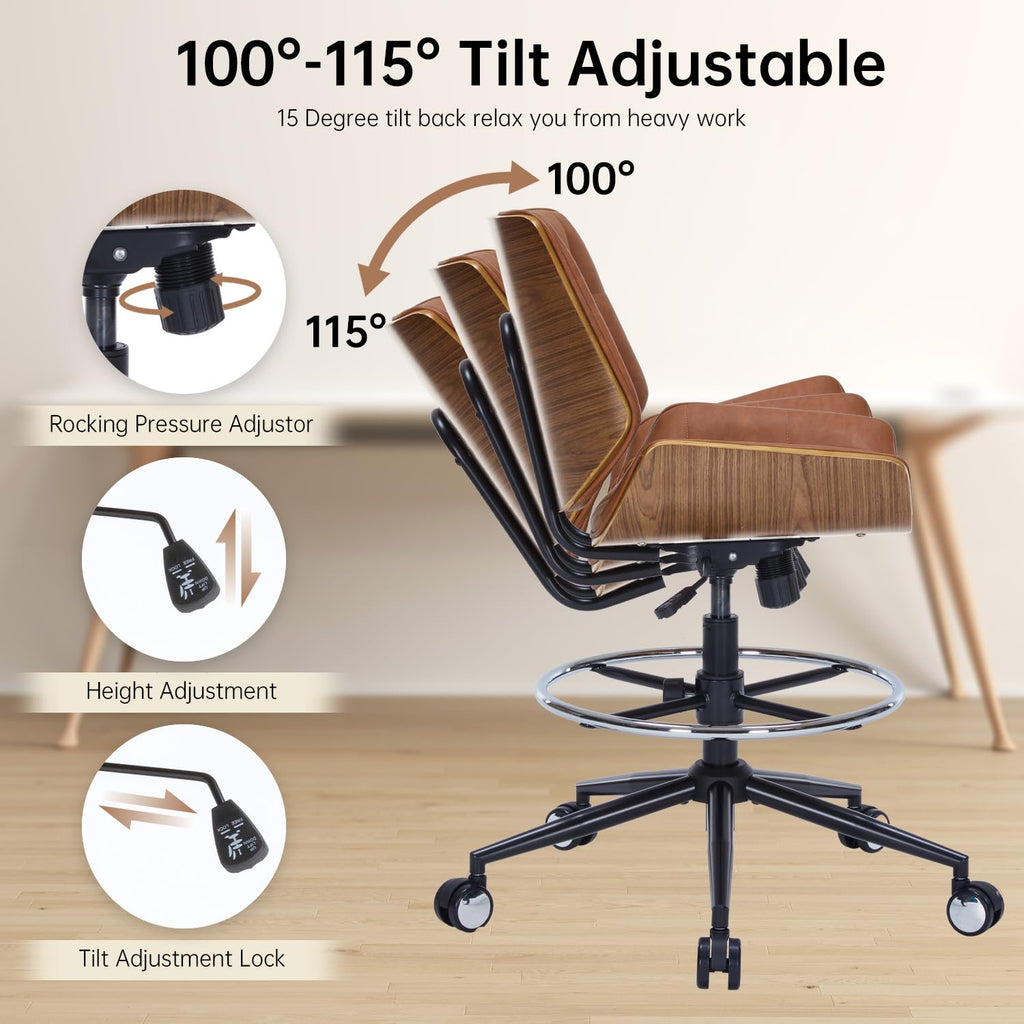 Brown Ergonomic Drafting Office Chair with Adjustable Height and Footrest Ring C4291