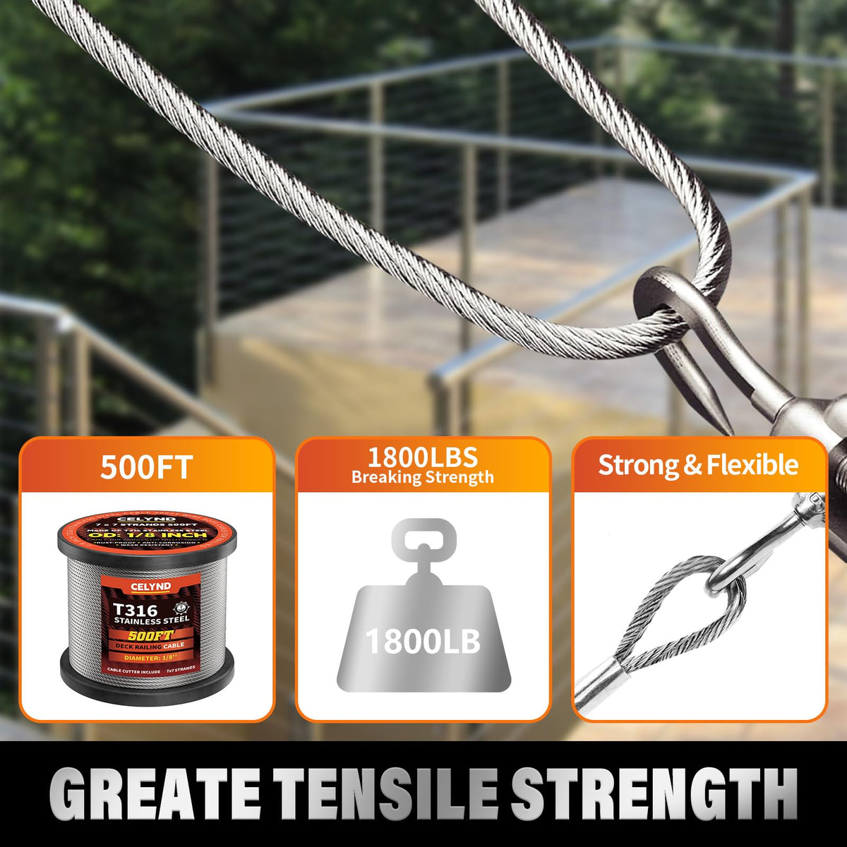 Stainless Steel 500FT 1/8" T316 Wire Rope Cable S375859