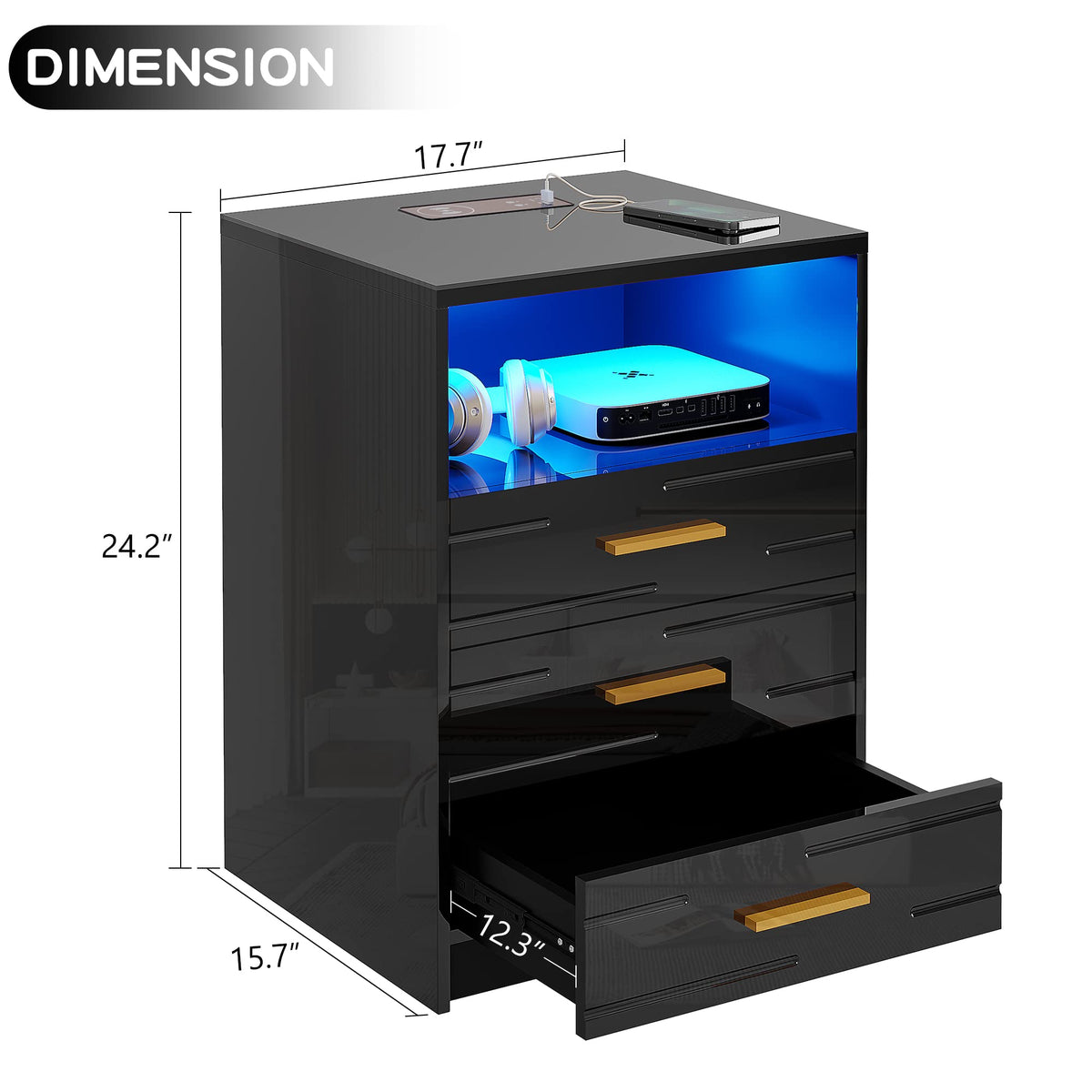 LED Nightstand with Wireless Charging Station, 3 Drawer Bedside Table M81673