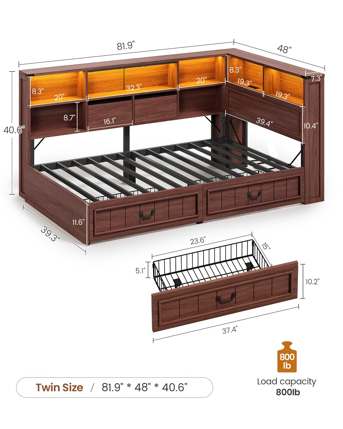 Twin Corner Bed Frame with Storage Drawers and Bookcase Y5513
